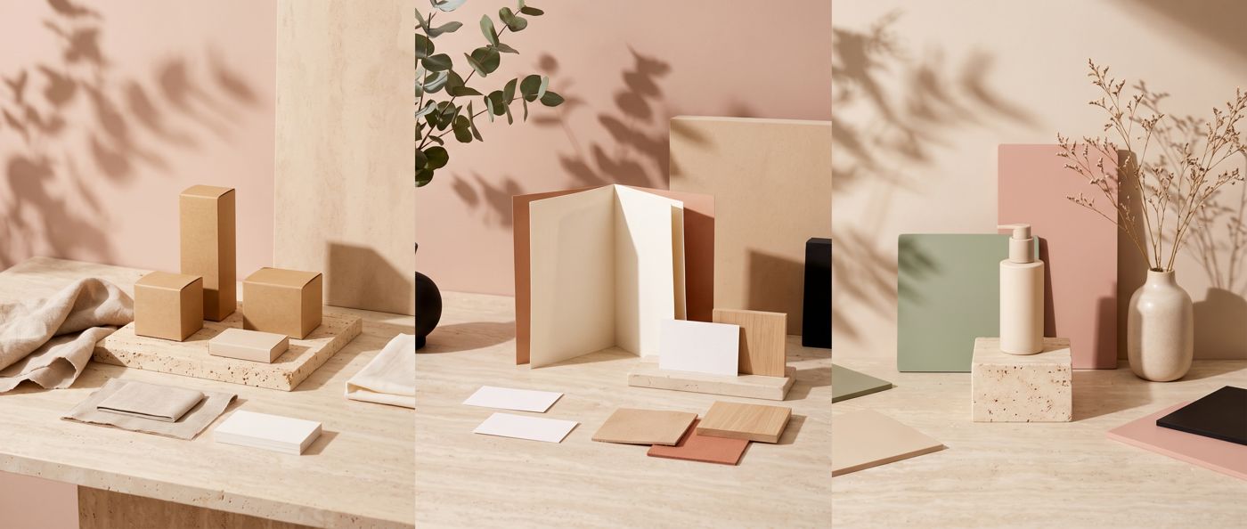 Mises en scène de packaging, papeterie et flacon dans des tons nude